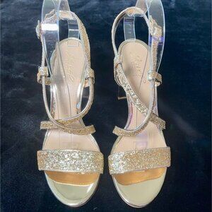 Badgley Mischka Jewel Women High Heel Sandal Size 8 Gold Glitter Block Heel Stra